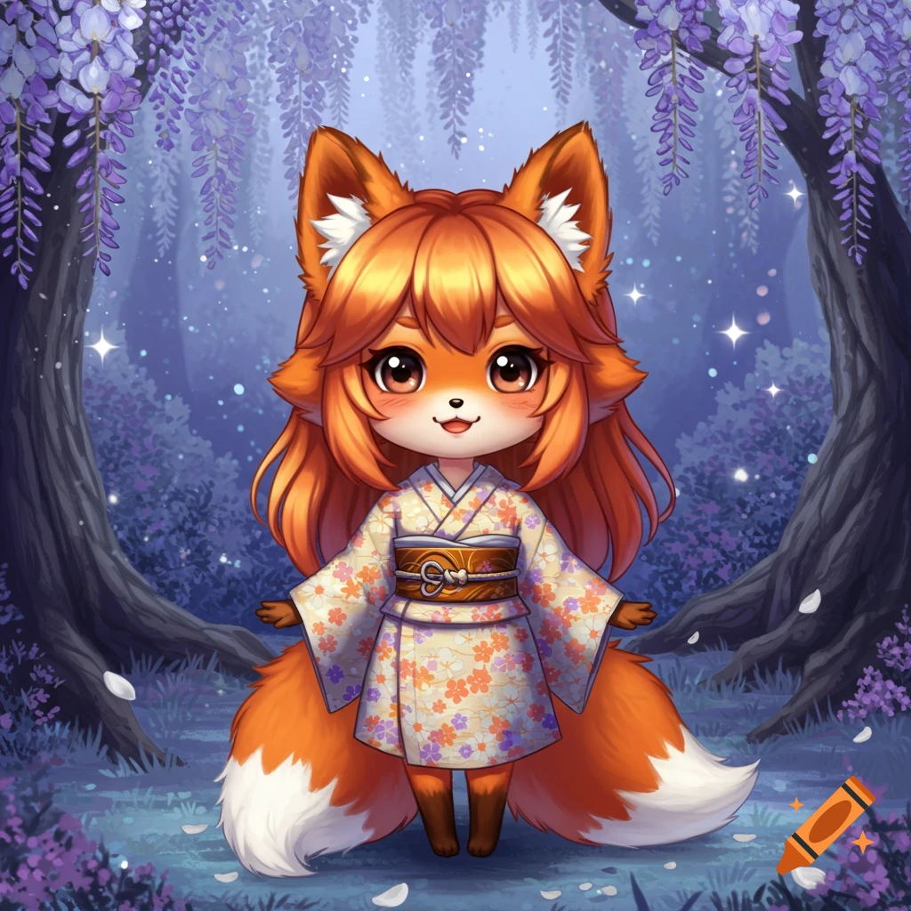 A cute anime fox girl in a floral kimono stands in a glowing purple wisteria forest.