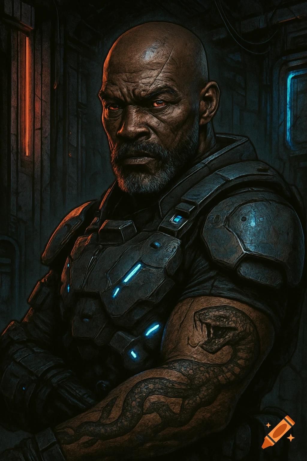 A bald, bearded Black man in sci-fi tactical armor with glowing blue accents. He has reddish eyes, a scar, and a snake tattoo on his arm, in a gritty comic art style.