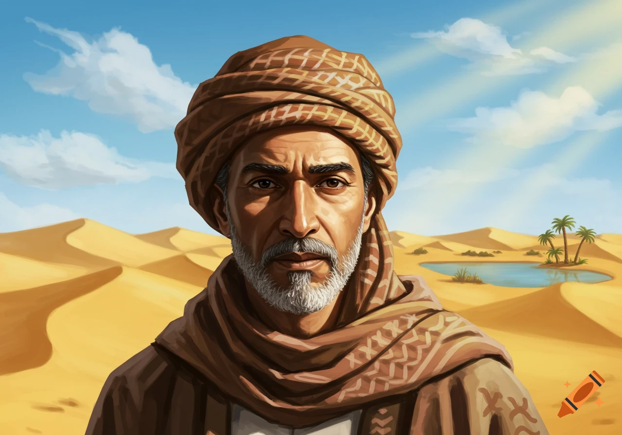 A weathered man in a brown turban with a grey beard stares forward, set against a desert landscape with an oasis and palm trees.