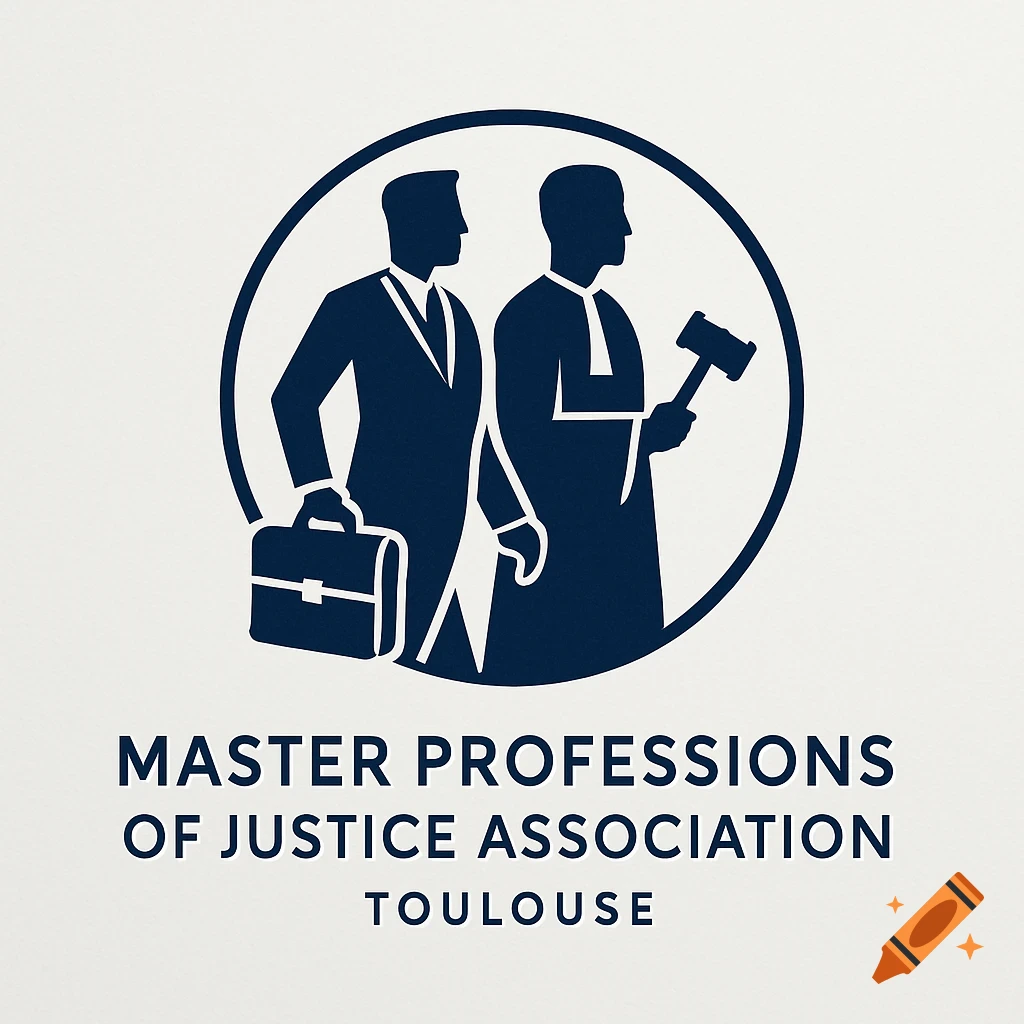 Modern, clean logo of two male silhouettes, a lawyer with a briefcase and a robed figure with a gavel, with text 'MASTER PROFESSIONS OF JUSTICE ASSOCIATION TOULOUSE'.