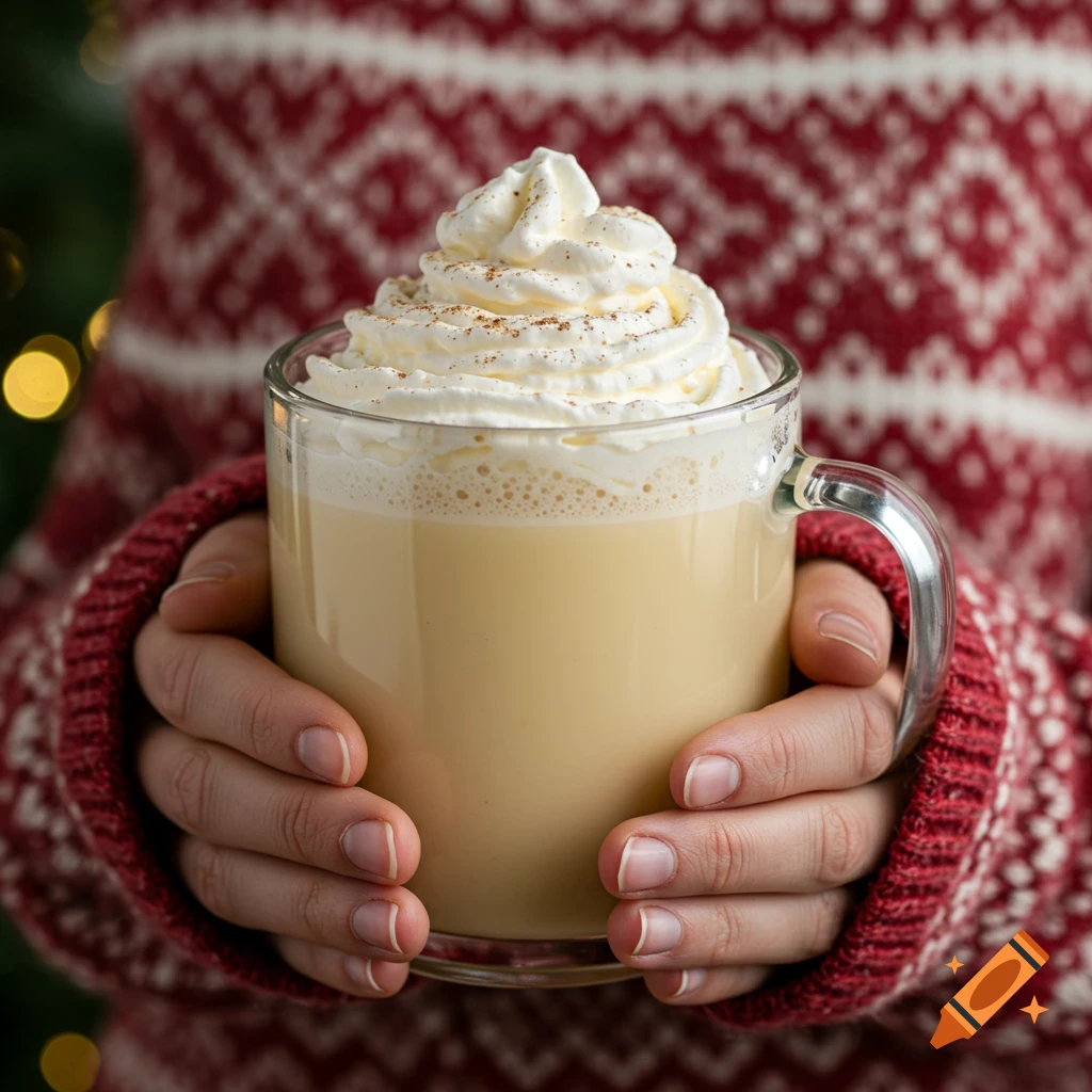 A person in a red and white patterned sweater holds a mug of creamy drink topped with whipped cream and cinnamon, against a blurred festive background.