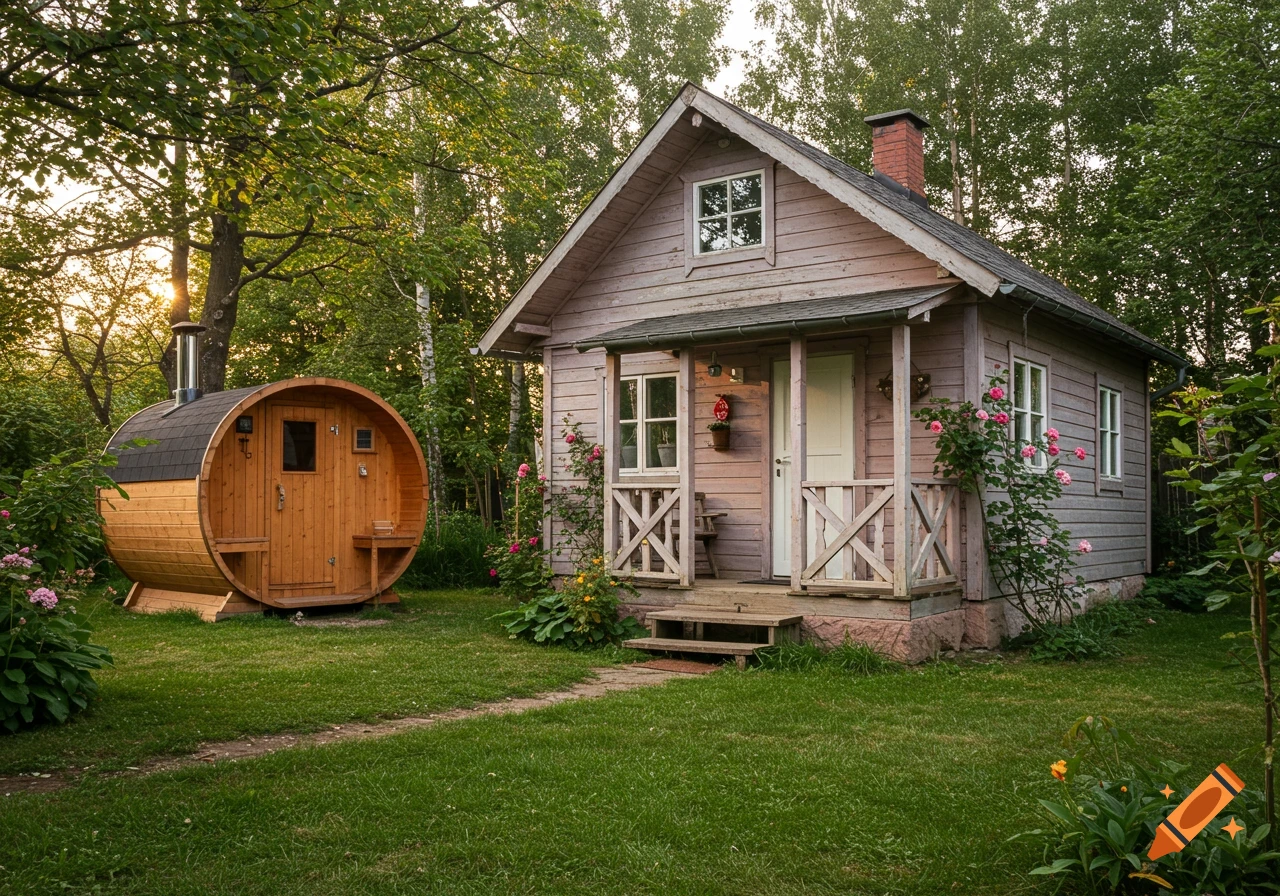A charming wooden garden house with a front porch sits beside a round barrel sauna in a lush green yard, surrounded by trees during sunset.