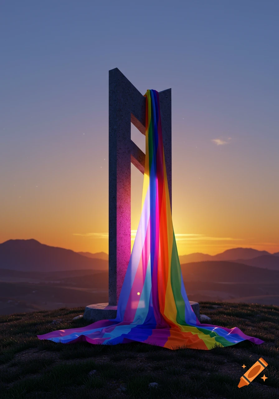 Intersex inclusive progress pride flag draped over a concrete monument on a grassy hill at sunset, with mountains in the background.