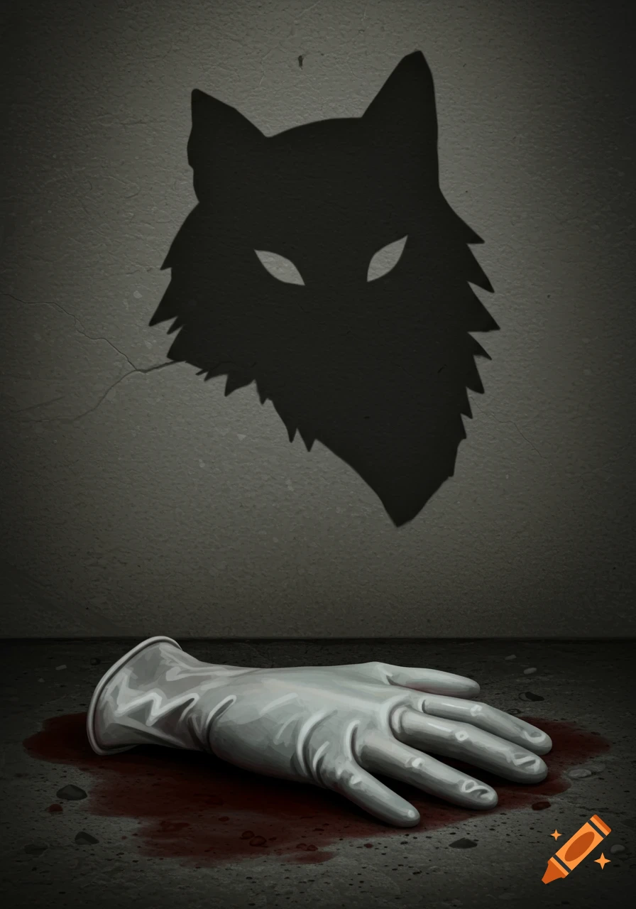 A white latex glove lies on a concrete floor in a pool of blood, with a sharp black wolf's head shadow cast on the wall above it.