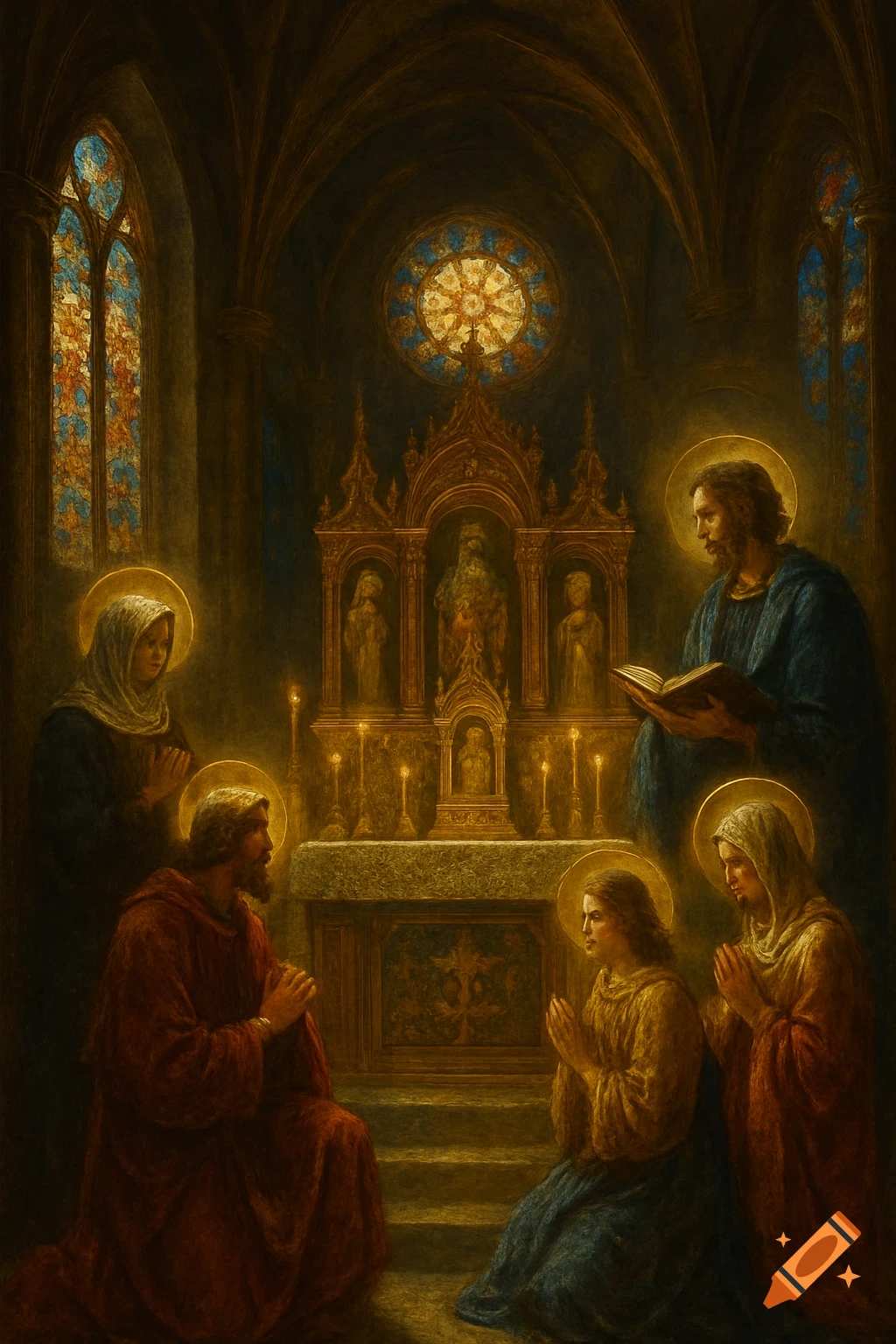 Painterly religious scene: figures with halos praying in a dark church with an ornate altar and stained glass windows.