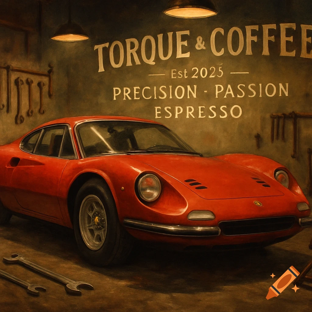 A vintage red sports car in a classic garage, with wrenches on the floor and a wall sign for 'Torque & Coffee' above.
