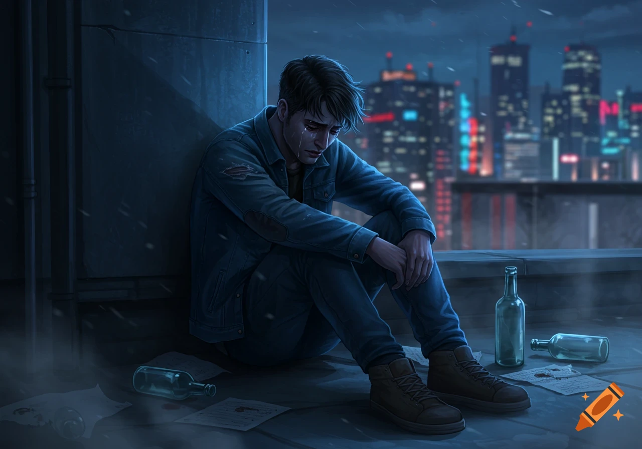 A melancholic young man in a denim jacket sits crying on a dark city rooftop at night, surrounded by empty bottles.