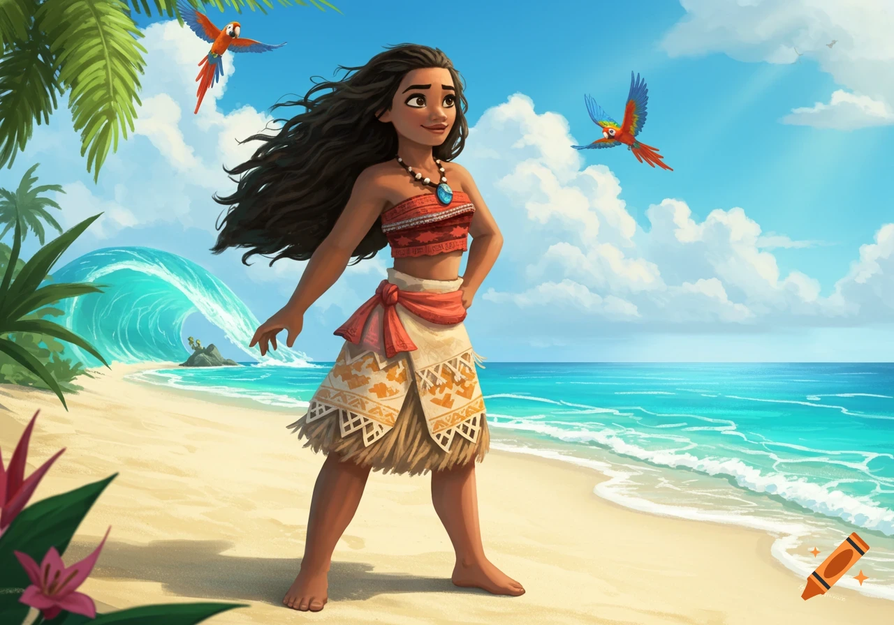 Animated Moana stands on a tropical beach with two parrots flying under a blue sky.
