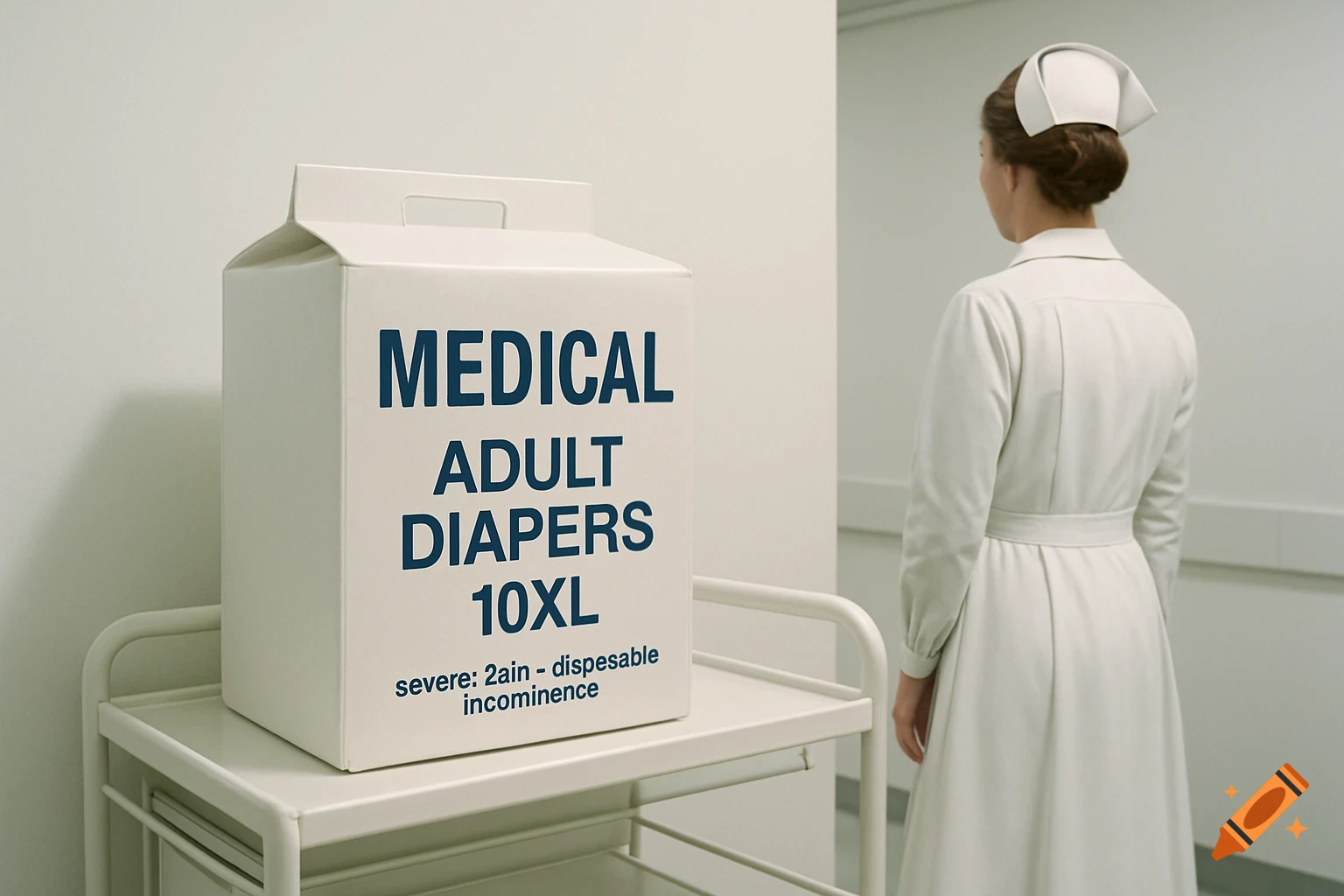 A nurse in a white uniform stands with her back to the viewer, next to a medical cart holding a large box of 'MEDICAL ADULT DIAPERS 10XL' in a stark white room.