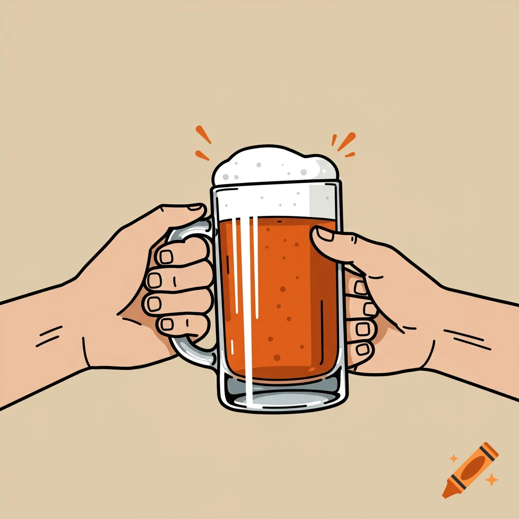 Two hands holding a frothy mug of amber beer, in a simple modern comic book style.