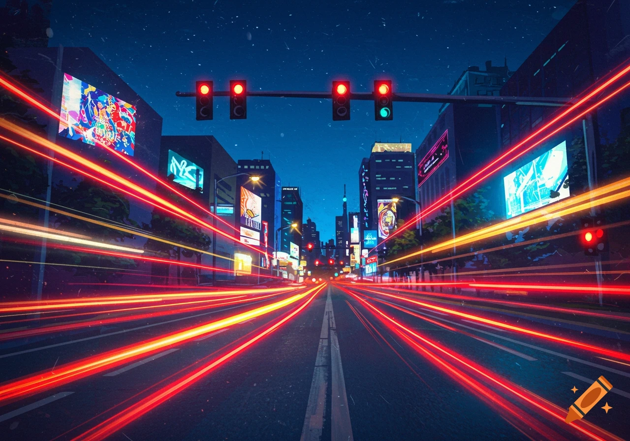 A stylized night cityscape with vibrant red and orange light trails streaking down a road past illuminated buildings.