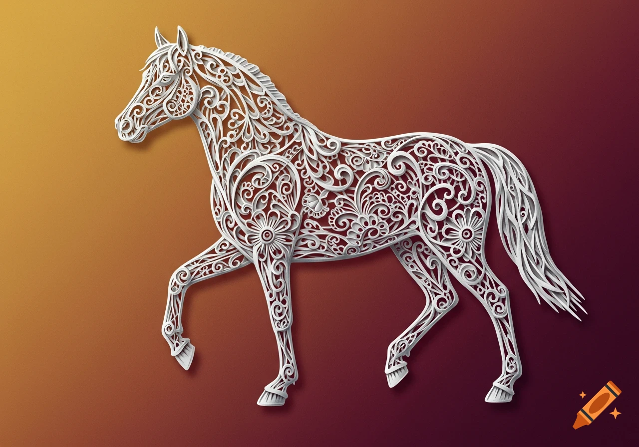 An intricate white paper-cut horse, made of filigree patterns, stands against an orange and maroon gradient background.