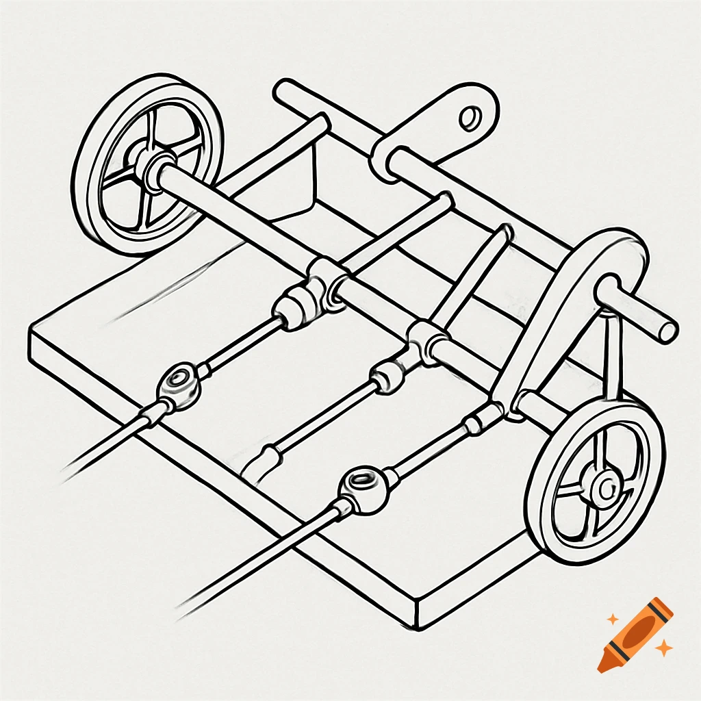 Line drawing of a mechanical system with three parallel shafts, wheels, levers, and connecting rods on a base.