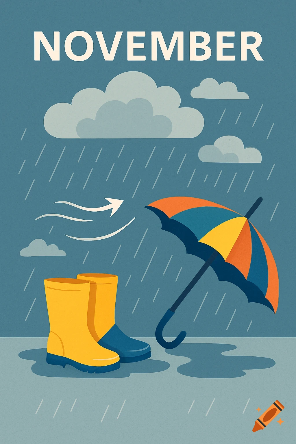 A graphic illustration for November weather, showing rain, clouds, wind, a colorful umbrella, and yellow rubber boots on a blue background.