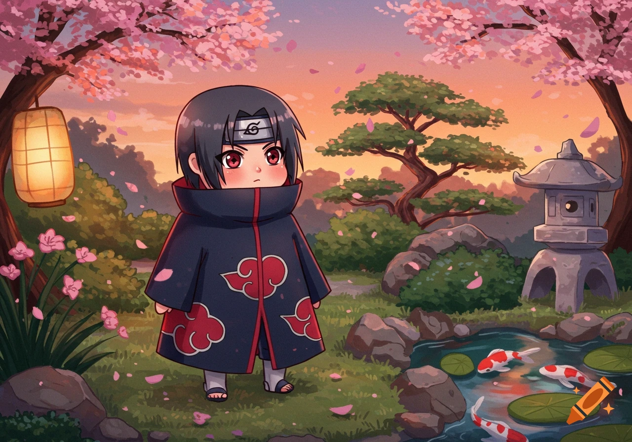 Cute chibi Itachi Uchiha in a serene Japanese garden with cherry blossoms, a lantern, and koi fish in a pond.