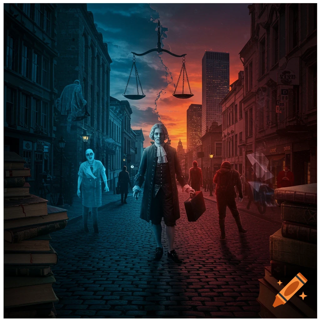 A man in historical attire walks on a cobblestone street, split by blue and red light, with a ghostly figure and modern cityscapes. Scales of justice hang in the sky.