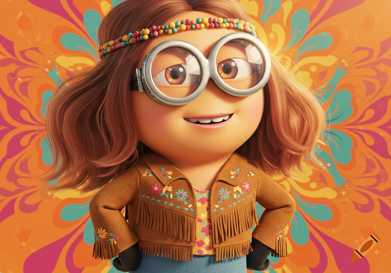 Margo from Minions in a hippie outfit, wearing a brown fringed jacket and a beaded headband, smiling against a psychedelic background.