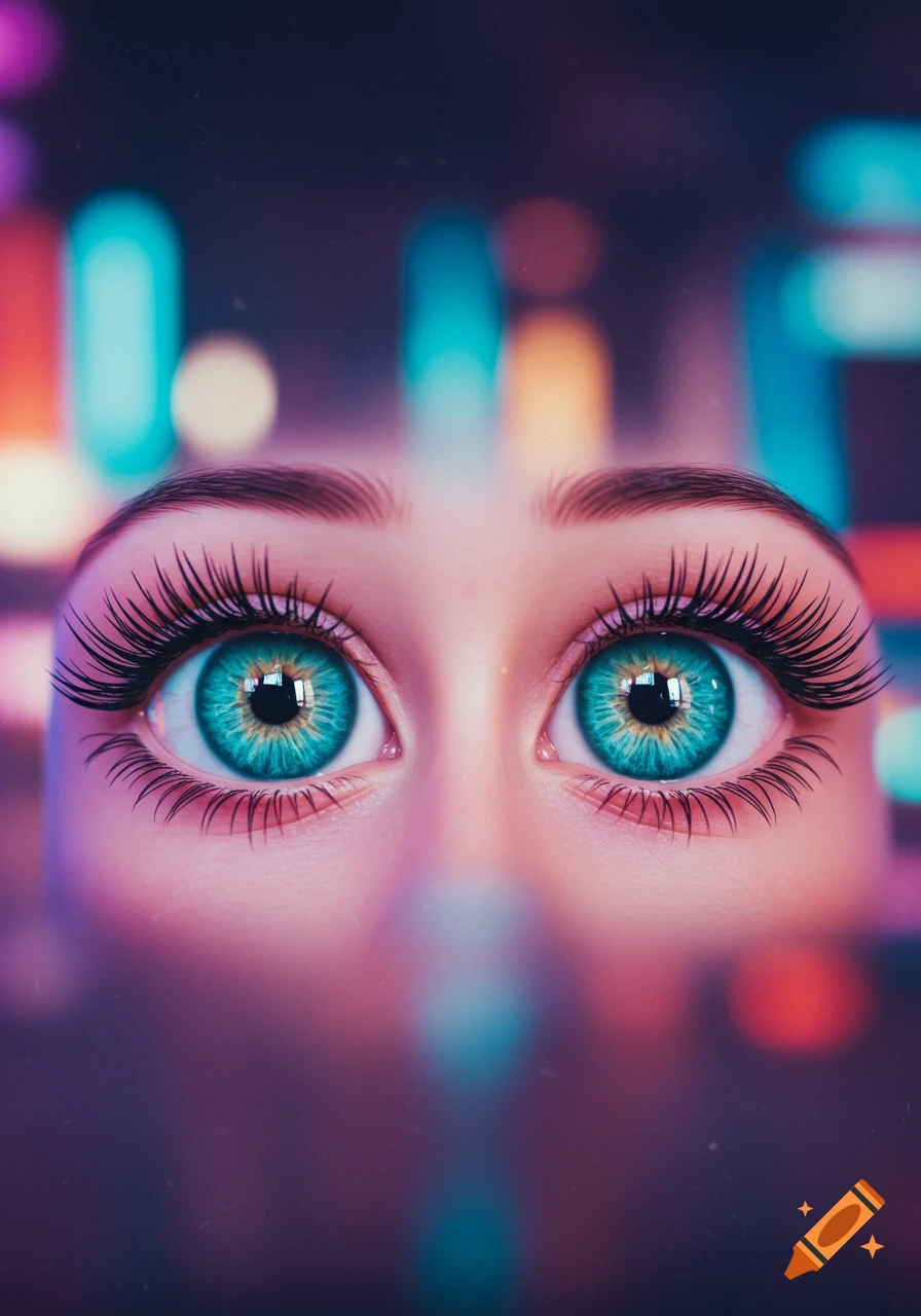 A close-up of large, bright turquoise eyes with long eyelashes and stylized eyebrows against a blurred colorful bokeh background.