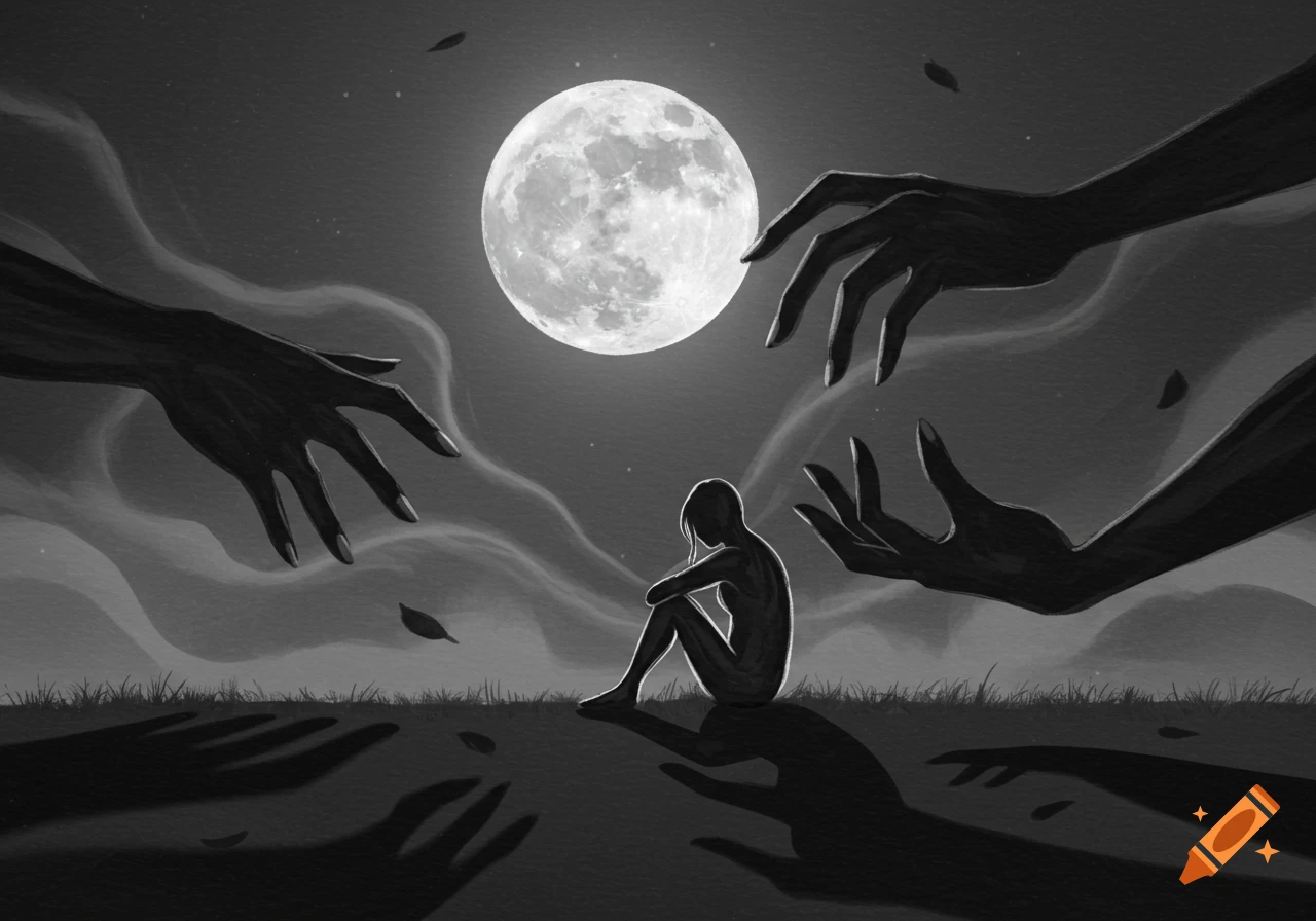 Monochromatic illustration of a solitary figure sitting under a full moon, surrounded by shadowy hands reaching from the darkness.