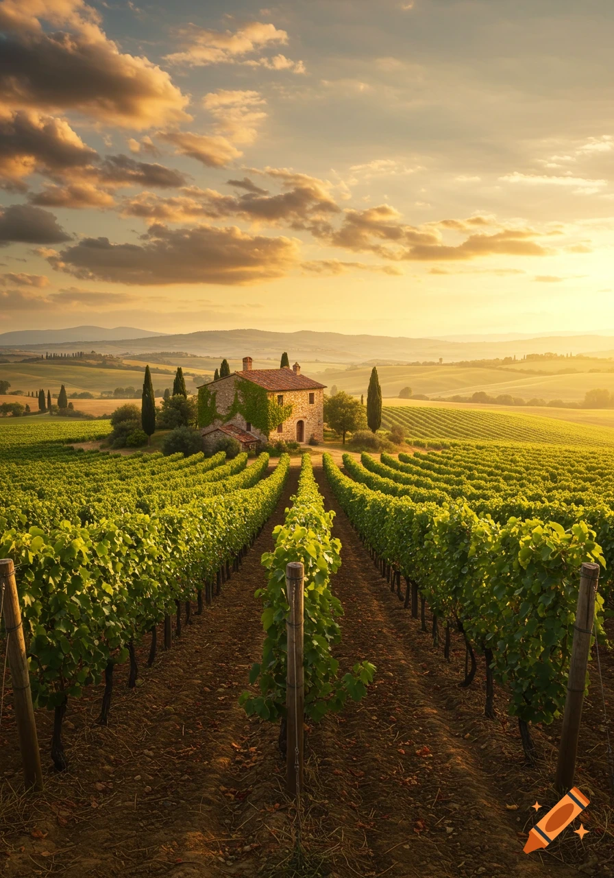 A beautiful Tuscan vineyard at sunset, with a stone house and cypress trees surrounded by lush green rows of grapevines under a golden sky.