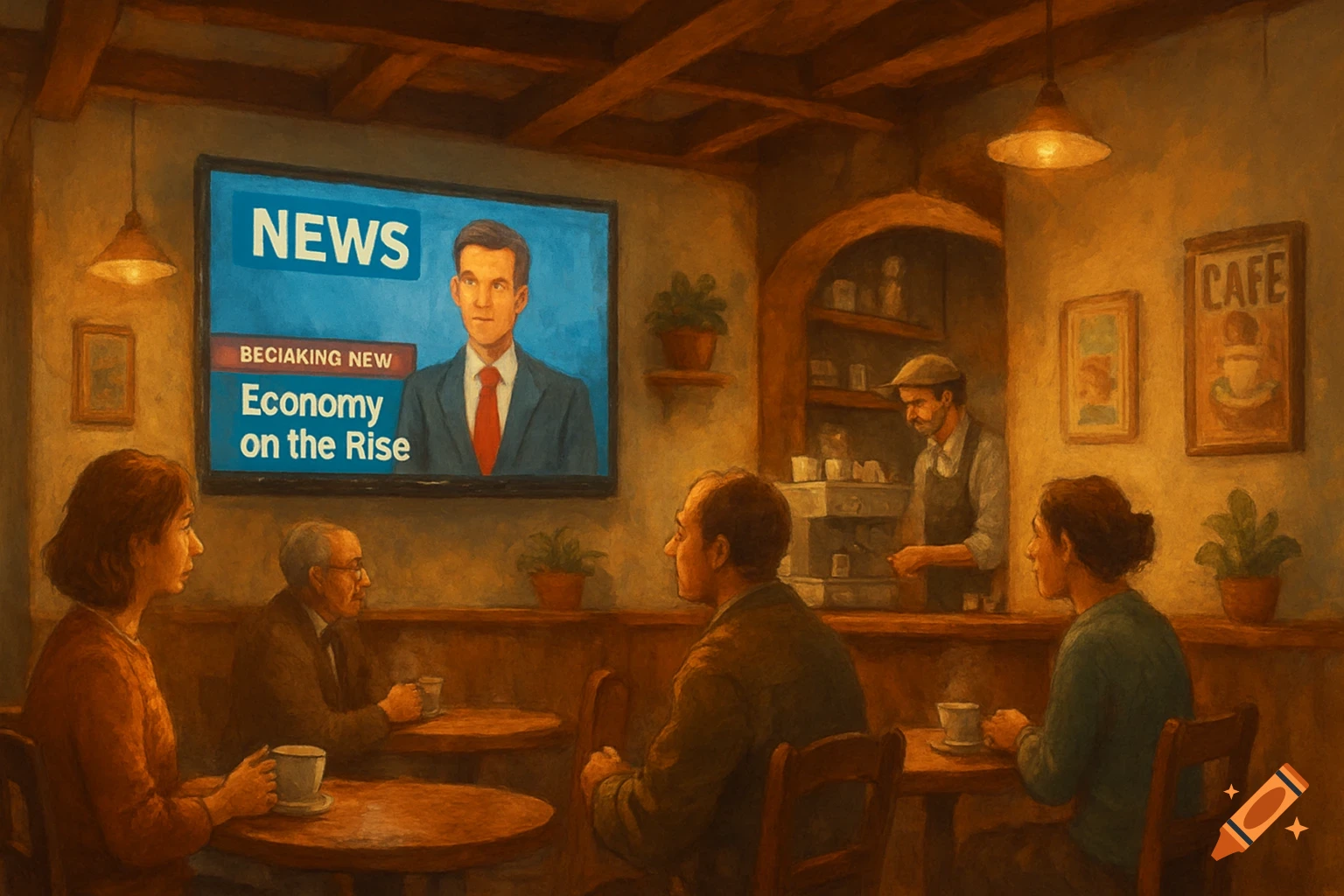A painterly depiction of people in a cozy cafe, watching a TV screen display news headlines about the economy.
