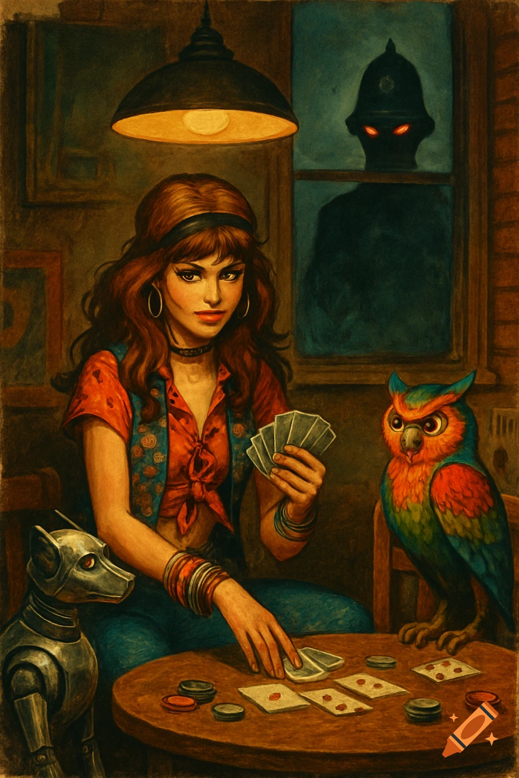 A 1970s rocker girl deals cards at a table to a robot dog and an owl, while a shadowy robot police figure lurks outside. Pulp art style.