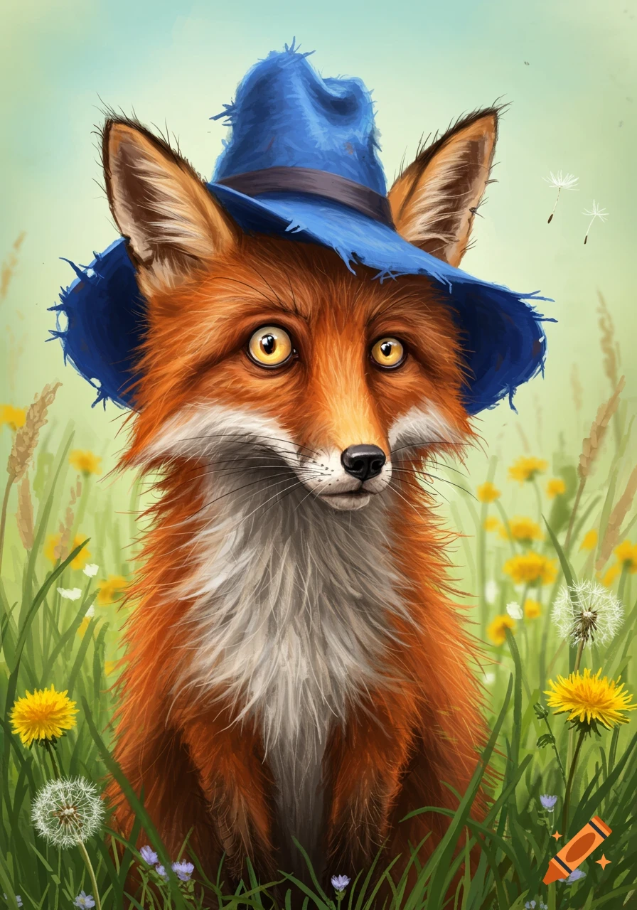 A wide-eyed cartoon fox with a tattered blue hat stands in a grassy field with dandelions, in an illustrative style.