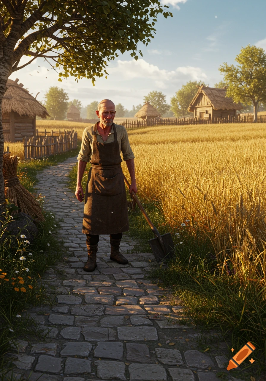 An old villager with a shovel stands on a cobblestone path next to a golden wheat field and thatched-roof houses.