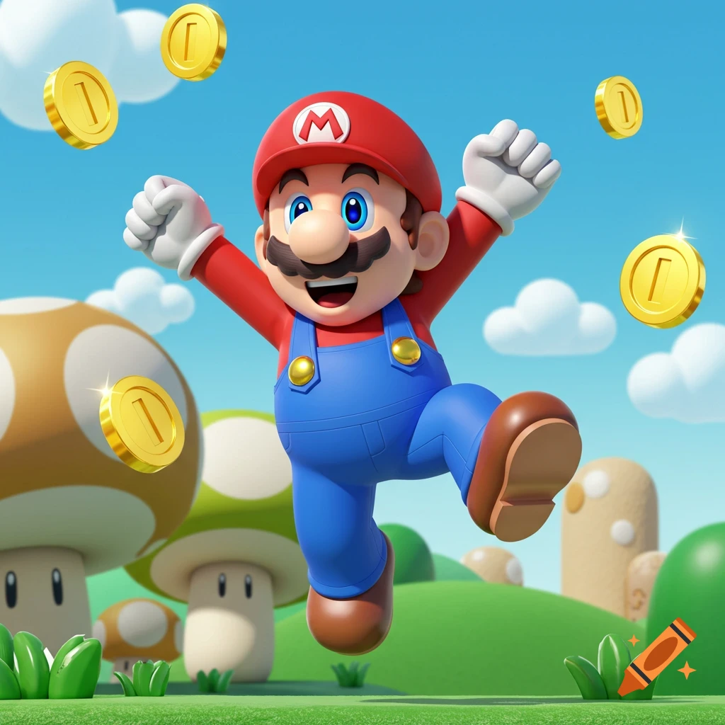 Mario jumps joyfully, surrounded by gold coins and large mushrooms in a vibrant, cartoonish landscape.