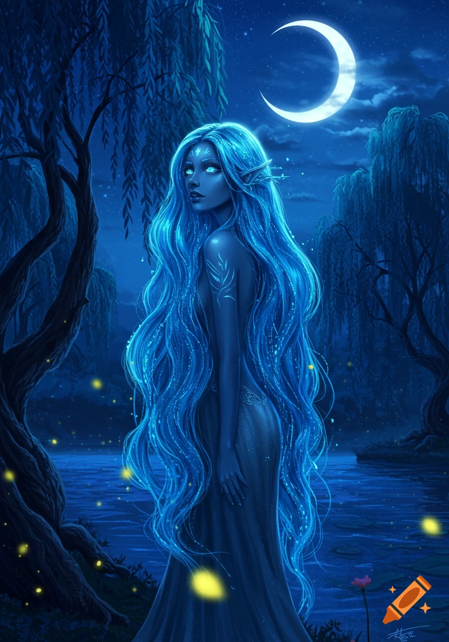 Blue-skinned elf woman with glowing blue hair stands by a moonlit river in a mystical forest, digital art.