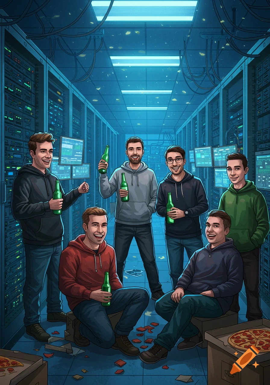 Cartoon illustration of six men in a server room, holding beer bottles and eating pizza amidst scattered trash on the floor.