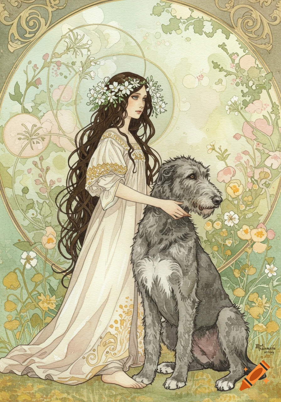A watercolor Art Nouveau painting of a girl with long hair and a flower crown, petting an Irish wolfhound in a field of flowers.