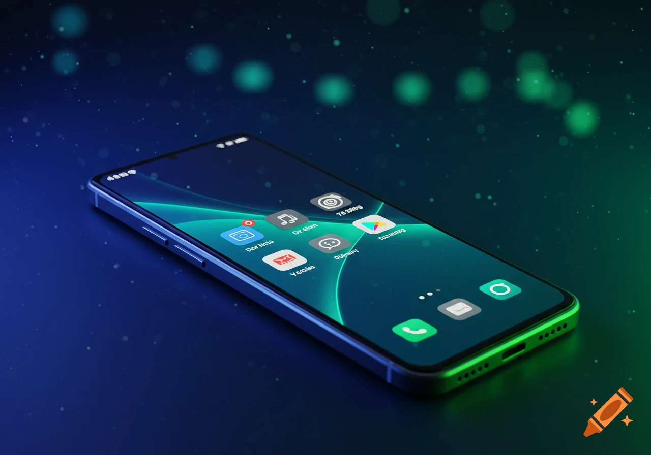 A modern smartphone with a glowing screen displaying app icons, illuminated by blue and green light on a dark surface.