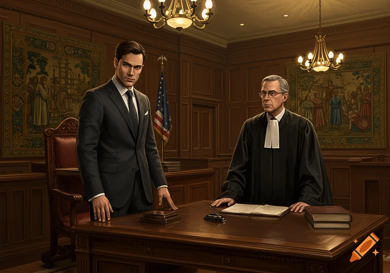 A photorealistic image of a man in a dark suit and a judge in black robes standing in a wood-paneled courtroom.