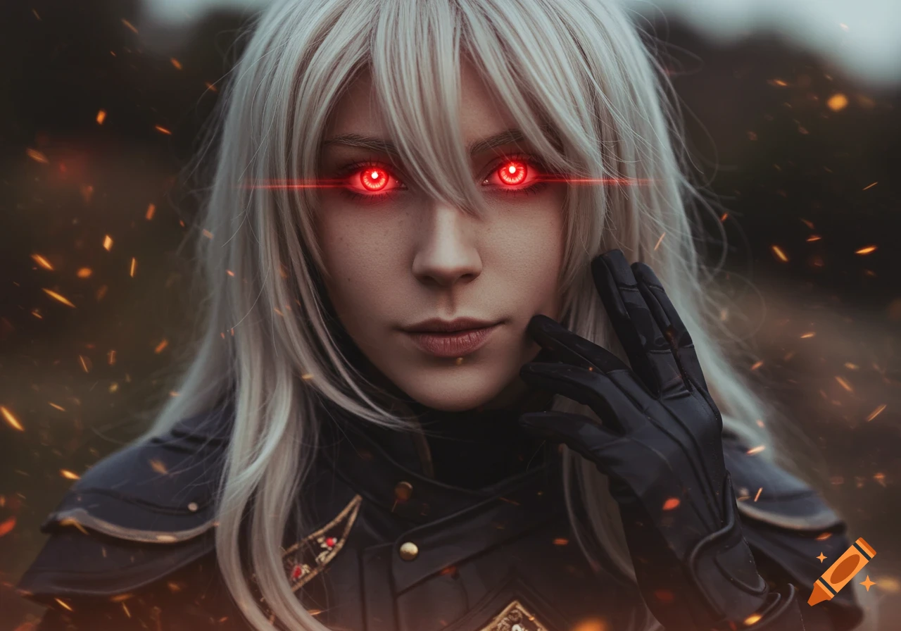 Close-up photorealistic portrait of a woman with white hair and bangs, glowing red eyes, and black fantasy armor, with embers around her.