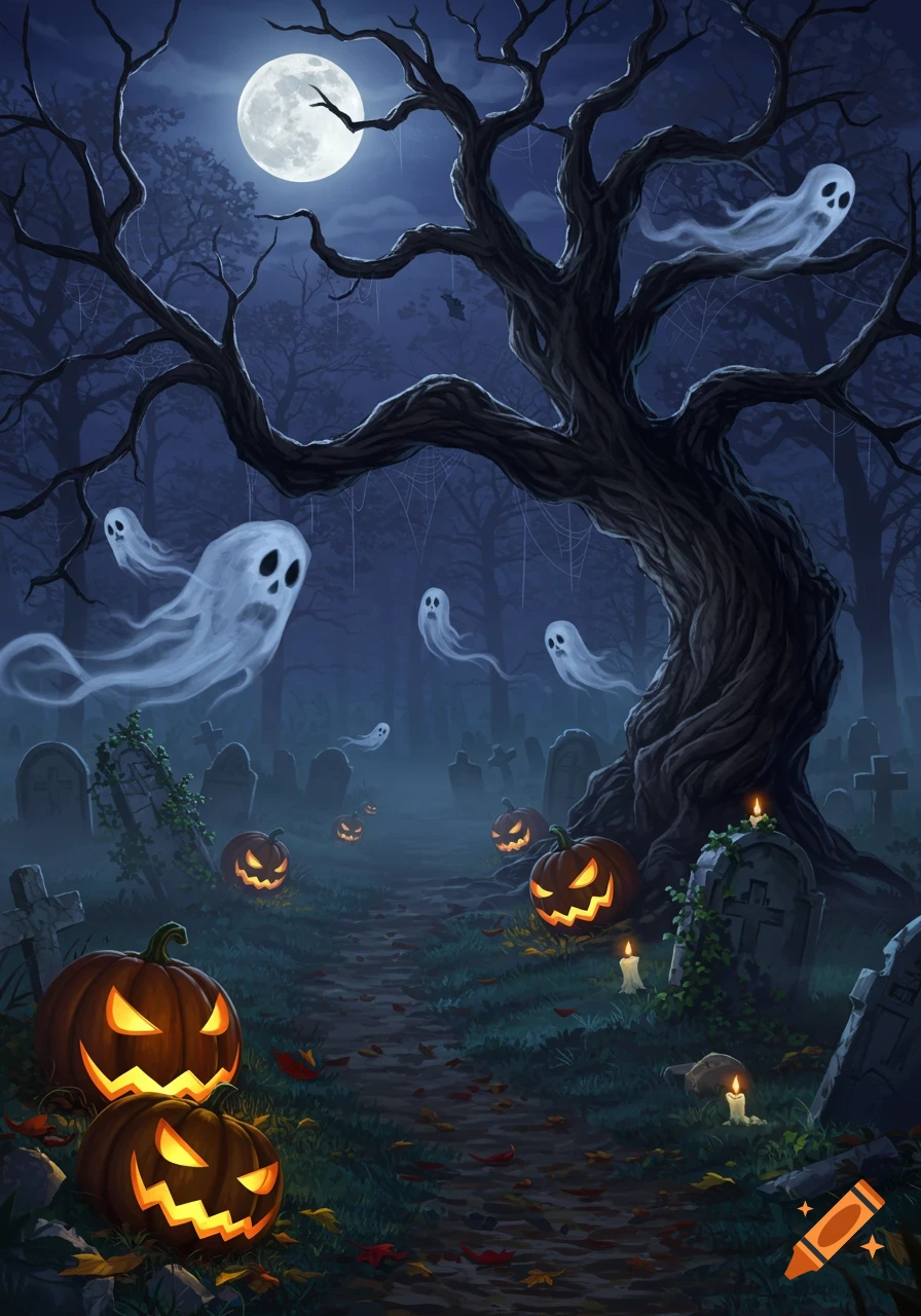 An illustration of a spooky Halloween graveyard at night under a full moon, with a gnarled tree, flying ghosts, and glowing jack-o'-lanterns.