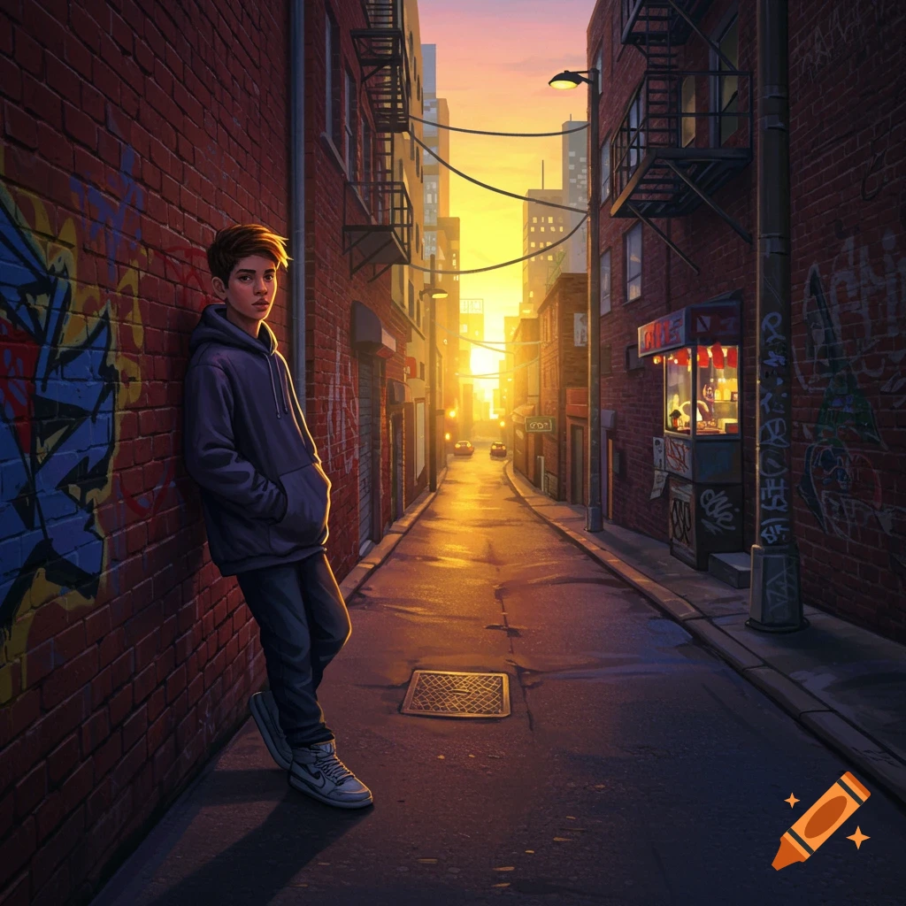 A young boy leans against a graffiti-covered brick wall in a sunlit urban alley at sunset, wearing a hoodie and sneakers.