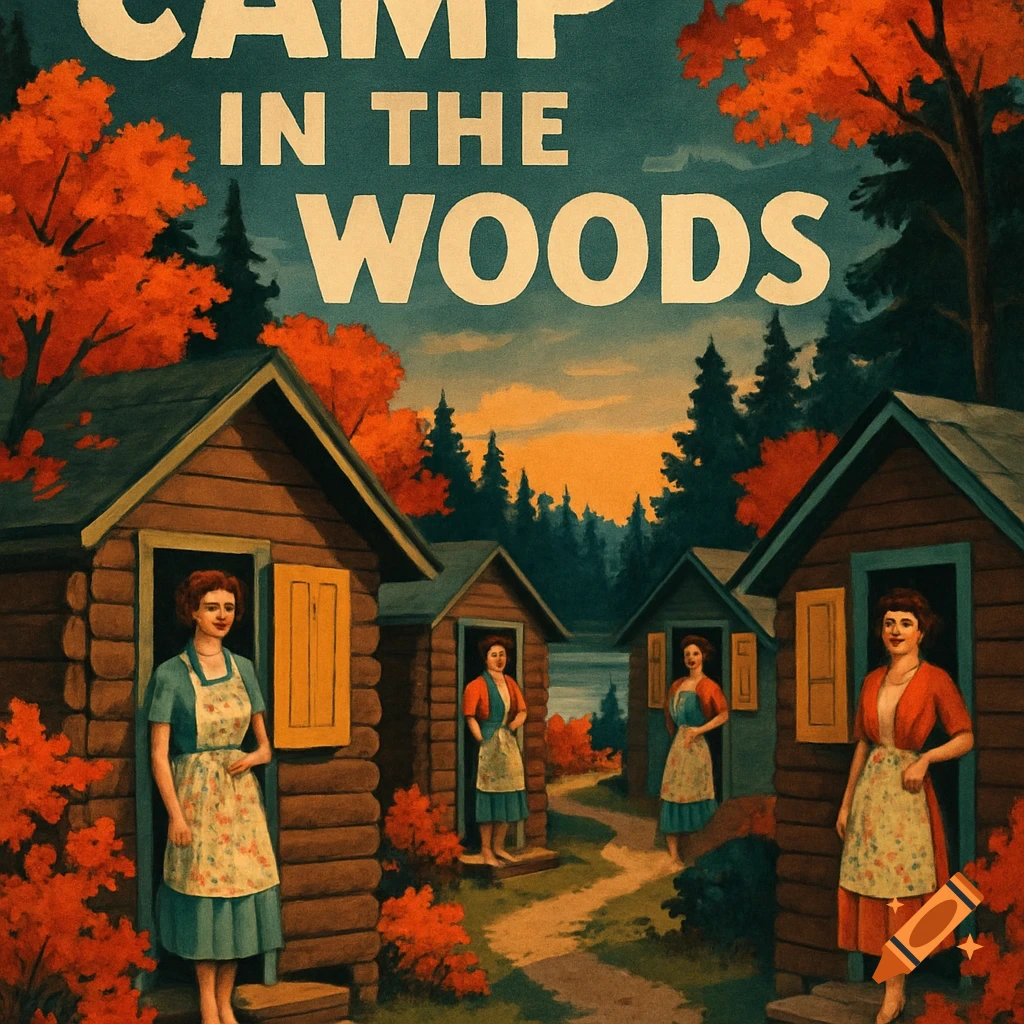 Vintage-style poster with 'CAMP IN THE WOODS' text, showing women in aprons outside cabins by a lake in an autumn forest.