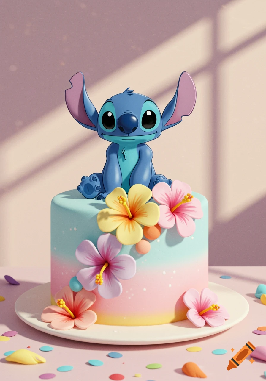Stitch sits on a vibrant gradient cake adorned with colorful tropical flowers and confetti, with shadows in the background.