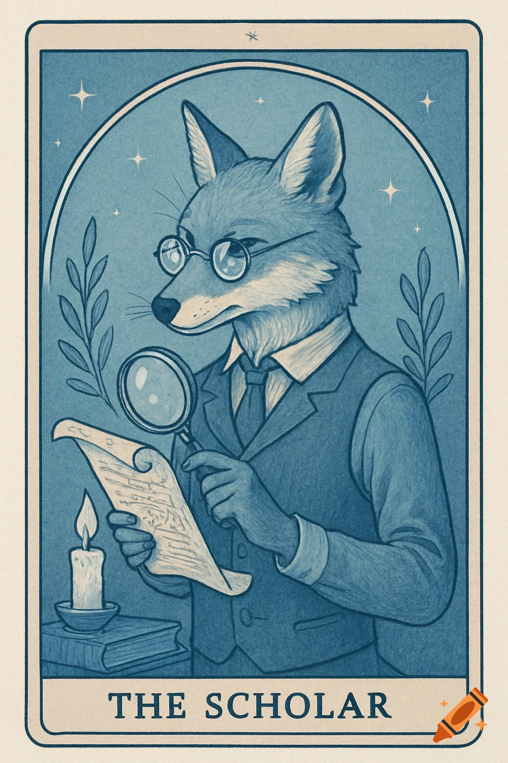 A blue and cream tarot card featuring an anthropomorphic fox in glasses and a suit, holding a magnifying glass over a scroll, with "THE SCHOLAR" at the bottom.