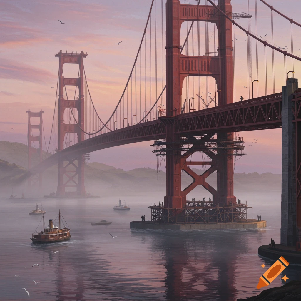 A painterly depiction of the Golden Gate Bridge under construction, with boats on the water below at sunset.