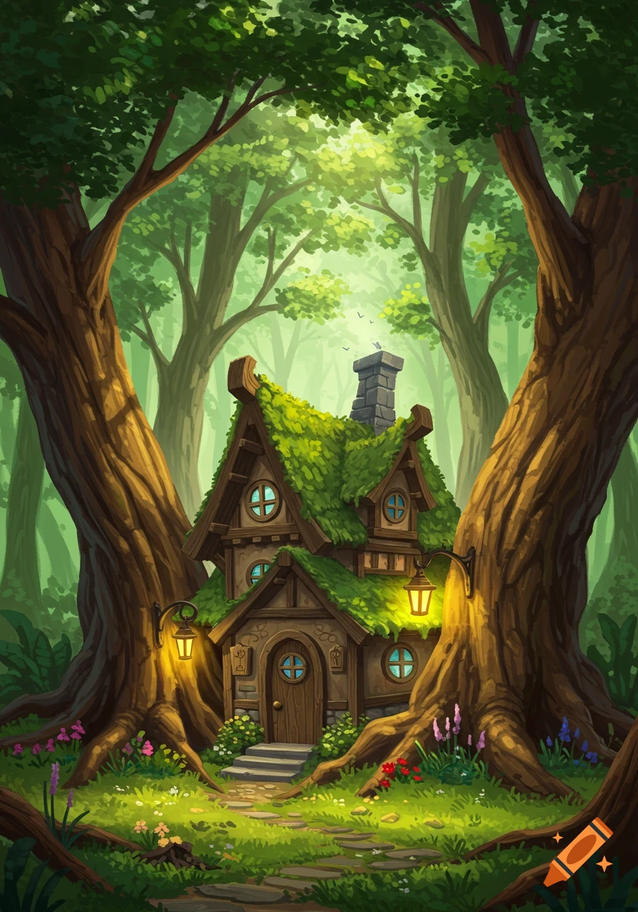 A whimsical fairy-tale cottage with a mossy roof nestled between ancient trees in a lush, sun-dappled forest, digital illustration.
