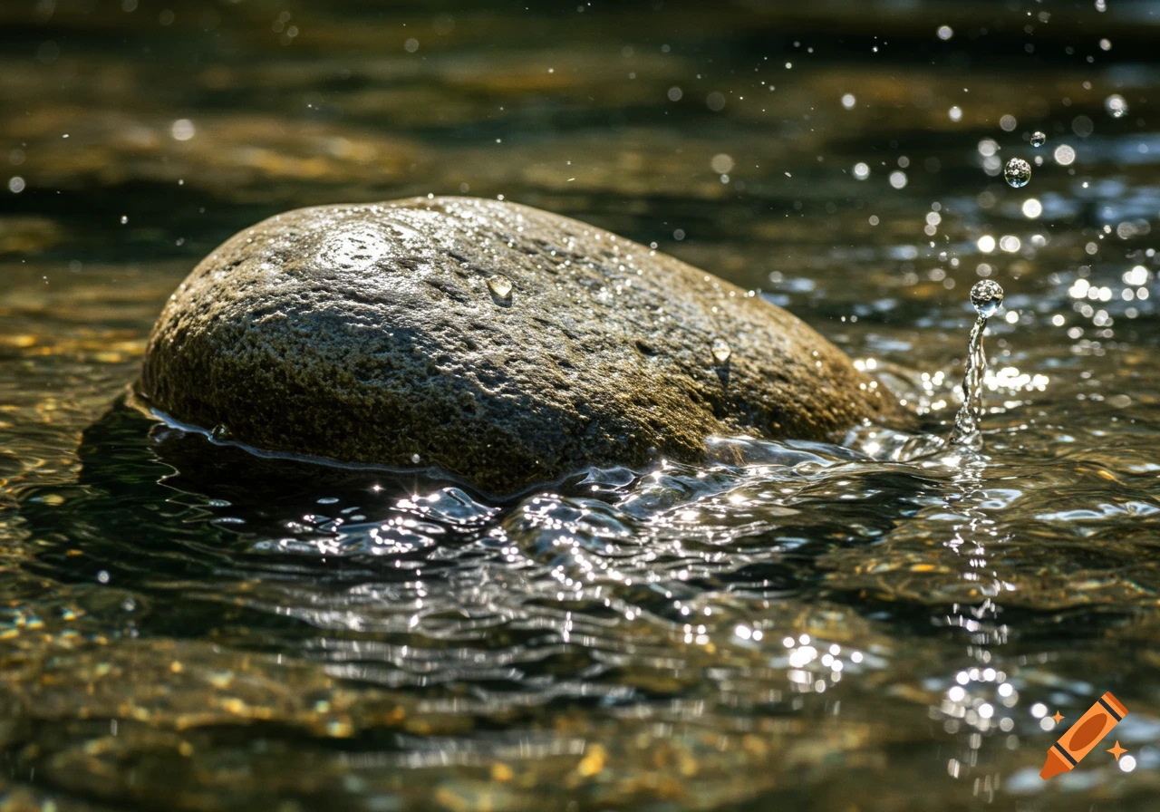 Close-up of a smooth river rock half-submerged in clear, flowing water with sunlit splashes and reflections.