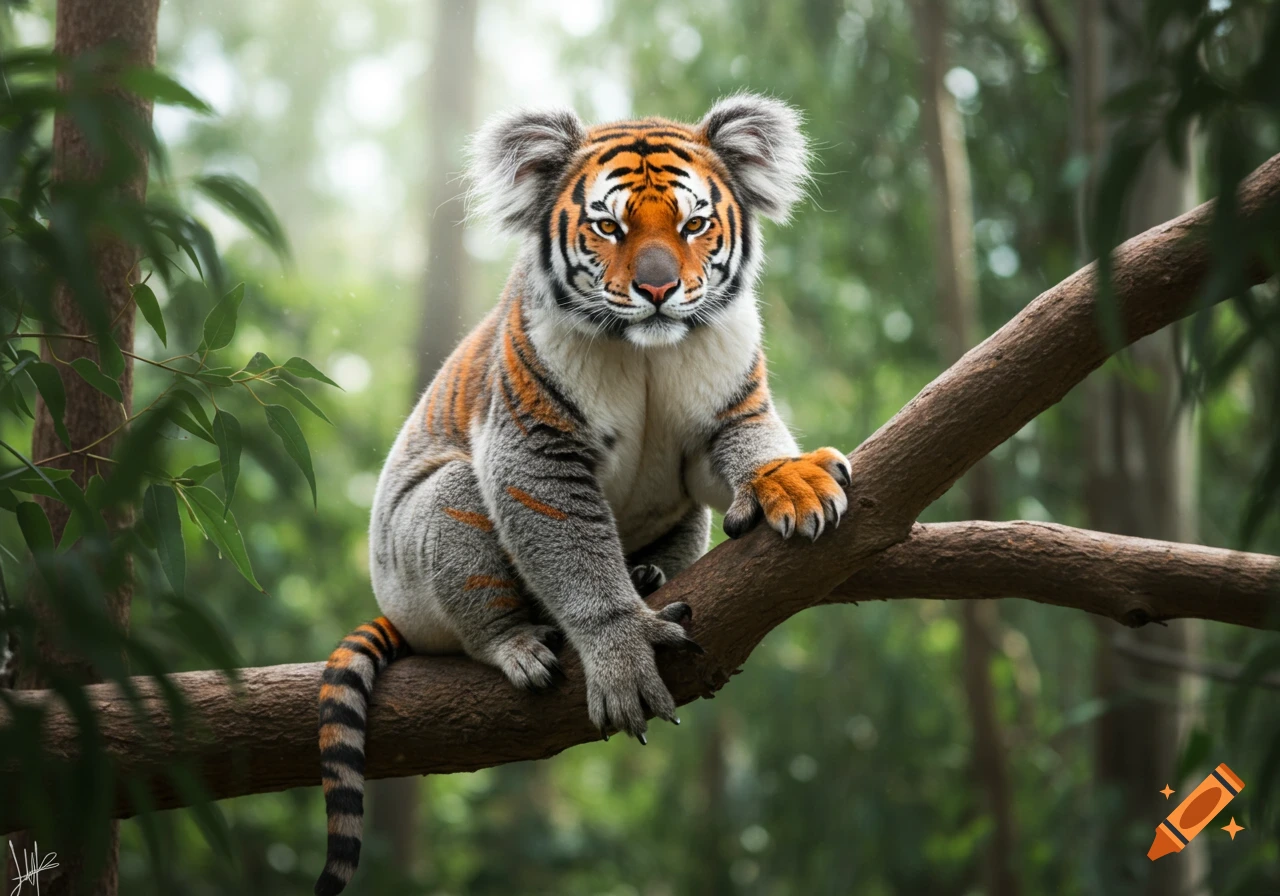 A photorealistic koala-tiger hybrid with tiger stripes and koala fur sits on a tree branch in a lush forest.