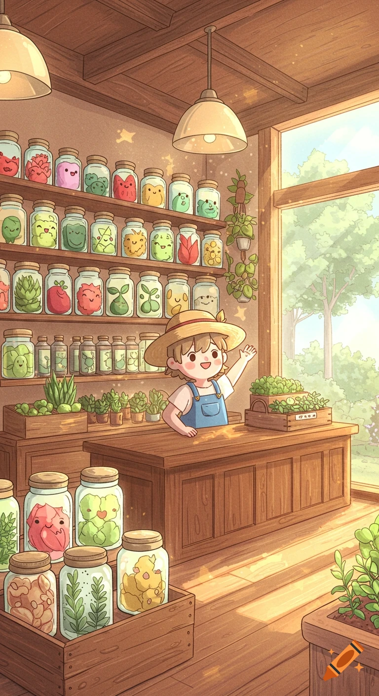 A cute cartoony pastel illustration of a gardener in a straw hat waving in a sunlit seed shop with jars of smiling seeds.