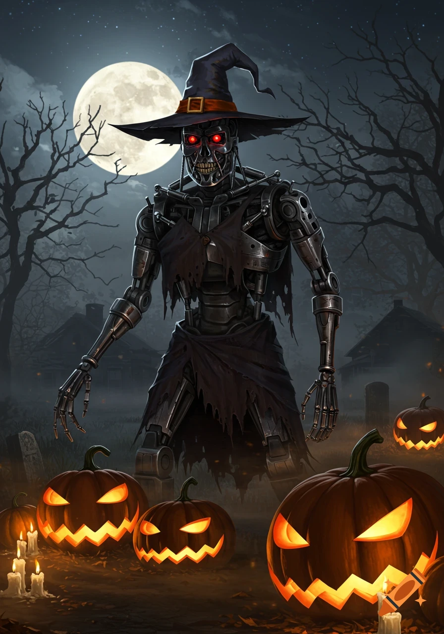 A Terminator-like robot in a witch hat stands in a foggy graveyard with glowing jack-o'-lanterns under a full moon.