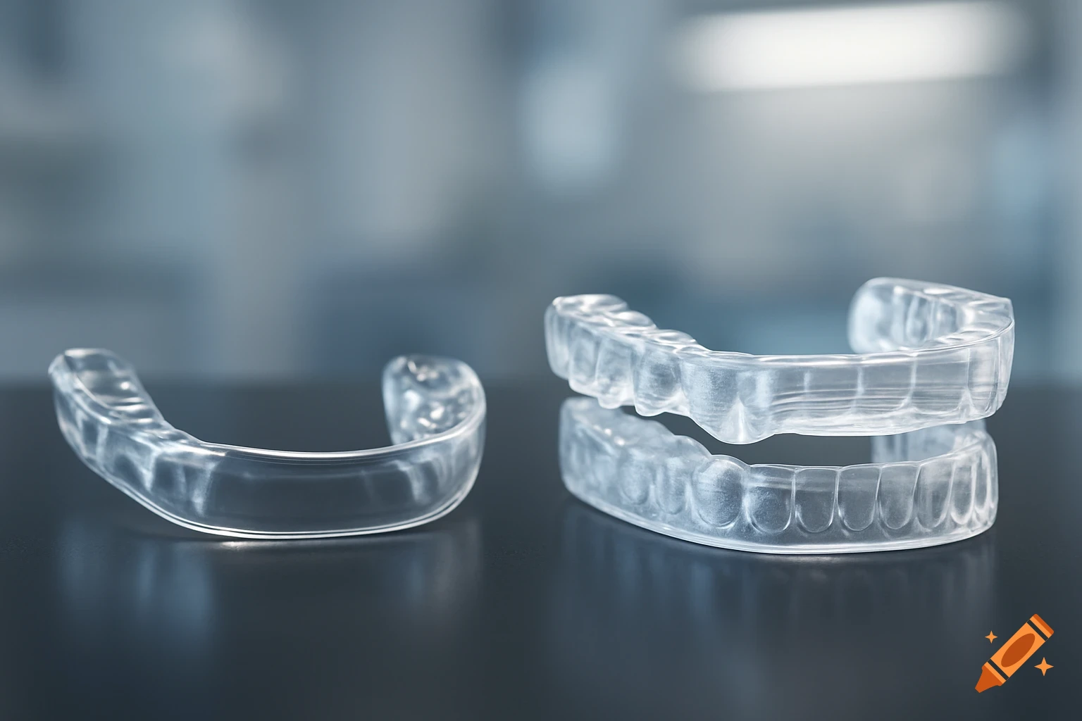 Two clear dental night guards on a dark surface with a blurred background.