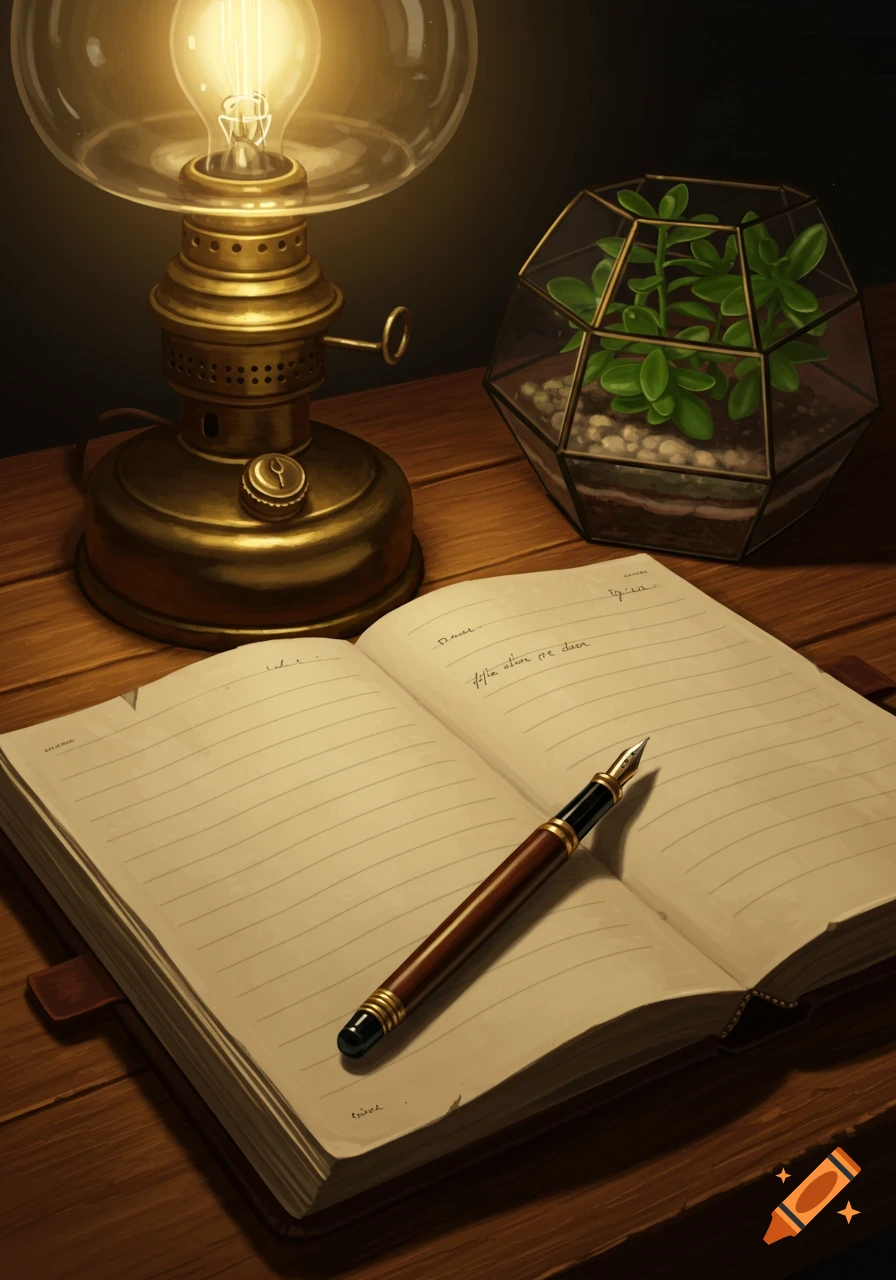 A brass oil lamp, a terrarium, an open notebook, and a fountain pen sit on a wooden desk in a warm light.