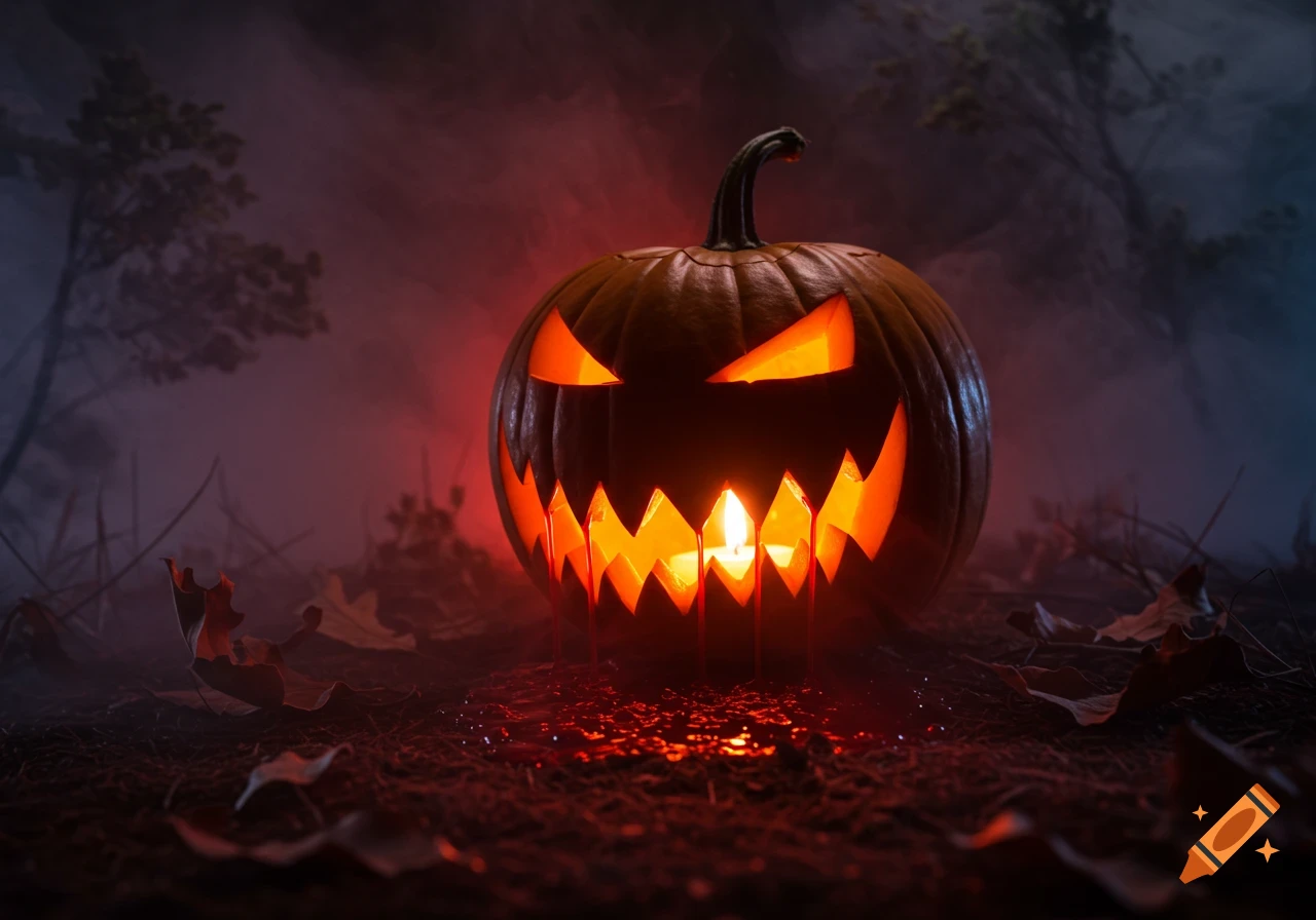 A glowing, scary Jack-o-lantern with sharp teeth bleeds from its mouth on a misty forest floor at night.