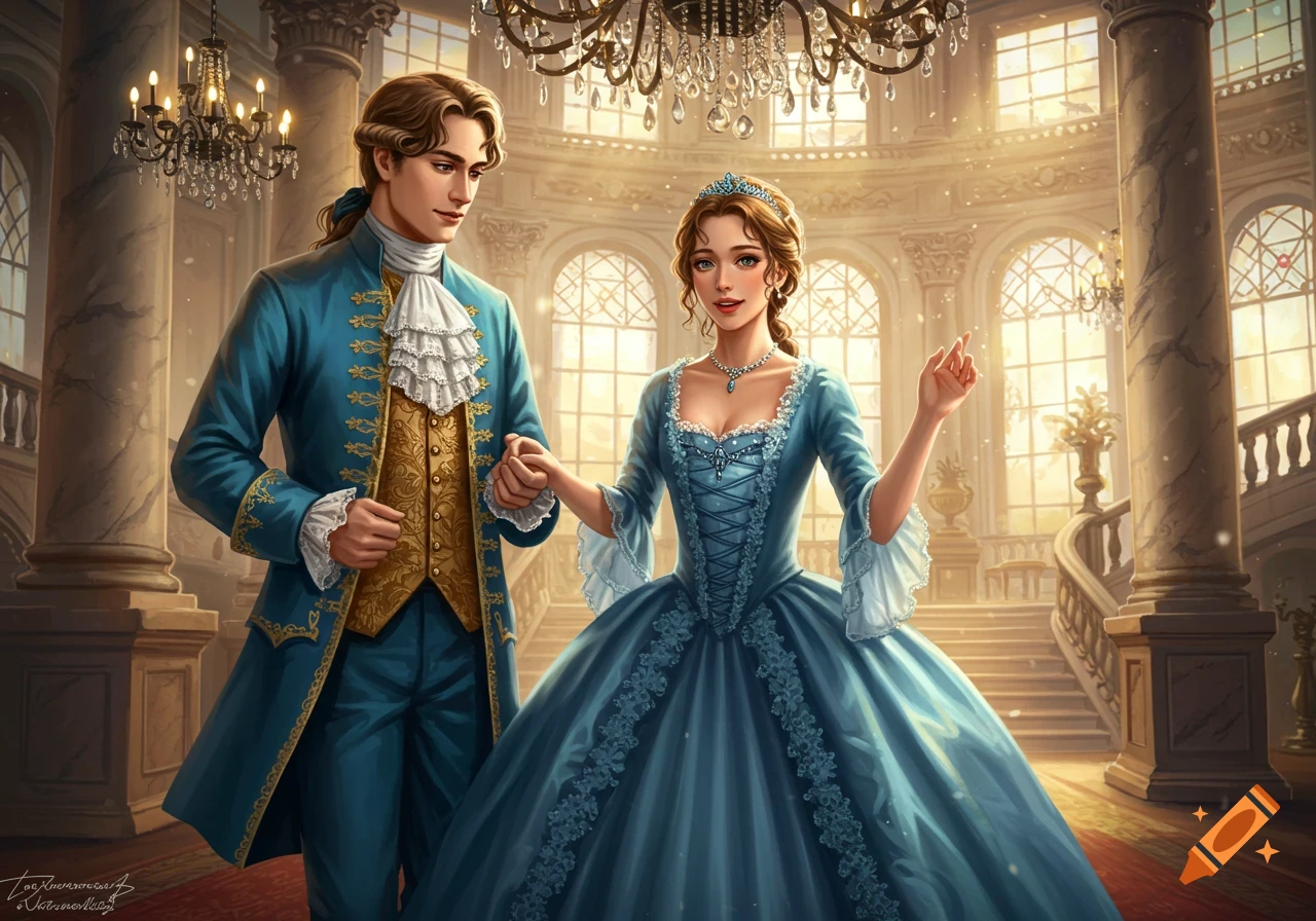 An illustration of a man and woman in elaborate blue and gold baroque outfits standing in a grand ballroom.